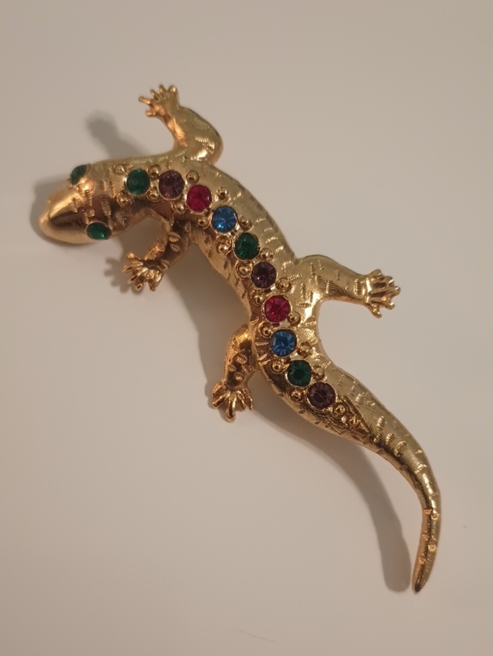 Vintage 80s Casual Corner Gold Tone Lizard Brooch with Multi Color Rhinestones